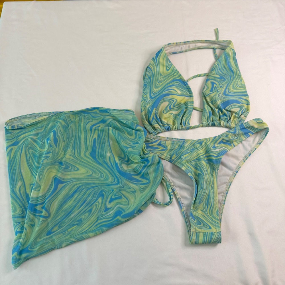 Blue Lime Green Marble Swirl 3 Piece Bikini Set with Mesh Sarong Skirt Small